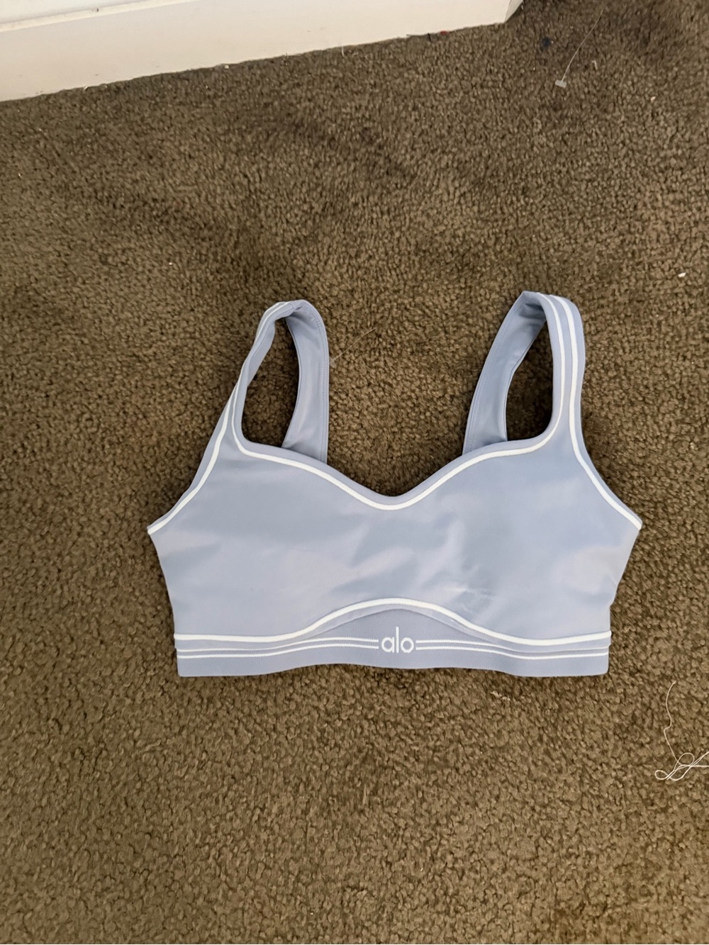 Alo Winter Frost Blue Hearthrob Sports Bra with White Trim